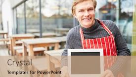  Presentation with restaurant waiter - Slide deck having happy-waiter-is-holding background and a coral colored foreground