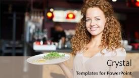  Presentation with waitress - PPT theme featuring happy waitress in casualwear carrying background and a soft green colored foreground