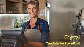  Presentation with terminal - Colorful slides enhanced with happy-waitress-standing backdrop and a tawny brown colored foreground