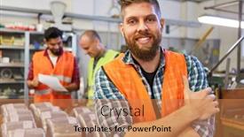  Presentation with training - Presentation theme featuring happy-warehouse-worker-in-training background and a coral colored foreground