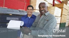 Presentation with warehouse - PPT layouts having happy warehouse workers holding clipboards background and a gray colored foreground