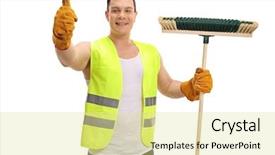  Presentation with waste - Audience pleasing presentation design consisting of happy waste collector holding a broom and making a thumb up sign isolated on white background backdrop and a blonde colored foreground