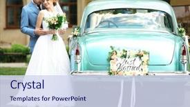  Presentation with wedding - Colorful theme enhanced with happy wedding couple near decorated backdrop and a sky blue colored foreground