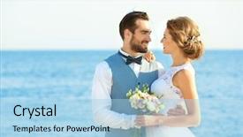  Presentation with beach wedding - PPT theme consisting of happy wedding couple on sea background and a light blue colored foreground