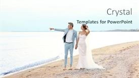  Presentation with beach wedding - PPT theme featuring happy wedding couple walking on beach background and a cool aqua colored foreground