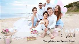  Presentation with beach wedding - Amazing PPT theme having happy wedding couple with friends backdrop and a lemonade colored foreground