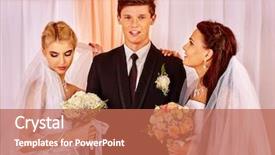  Presentation with flower wedding - Colorful PPT theme enhanced with happy wedding man and two bride holding flower bouquet three people backdrop and a coral colored foreground