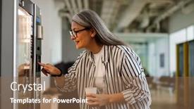  Presentation with vending machine - PPT theme enhanced with happy-white-haired-mature-woman background and a violet colored foreground