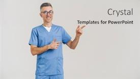  Presentation with medical smiling doctor - PPT theme consisting of happy-white-haired-medical-doctor background and a light gray colored foreground