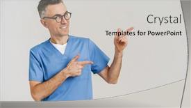  Presentation with medical smiling doctor - Slide deck with happy-white-haired-medical-doctor background and a light gray colored foreground