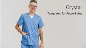  Presentation with medical smiling doctor - PPT theme featuring happy-white-haired-medical-doctor background and a light gray colored foreground