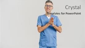  Presentation with medical smiling doctor - Cool new PPT layouts with happy-white-haired-medical-doctor backdrop and a light gray colored foreground