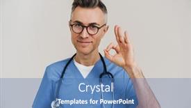  Presentation with medical sign - PPT theme consisting of happy-white-haired-medical-doctor background and a teal colored foreground