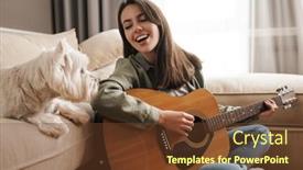  Presentation with guitar - Audience pleasing presentation theme consisting of happy-white-woman-playing-guitar backdrop and a tawny brown colored foreground