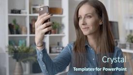  Presentation with family talking - Cool new slides with happy-white-woman-talking backdrop and a ocean colored foreground
