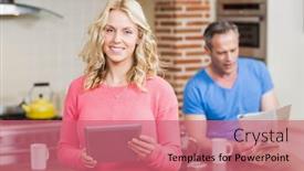  Presentation with wife - Presentation design enhanced with happy wife using tablet while husband reading newspaper in the kitchen background and a coral colored foreground
