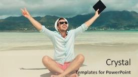  Presentation with ipad - Colorful presentation design enhanced with happy win - man sitting in sand backdrop and a soft green colored foreground