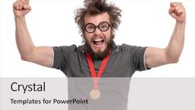  Presentation with gold medal - Colorful PPT layouts enhanced with happy winner crazy bearded man backdrop and a light gray colored foreground