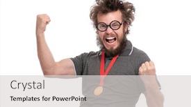 Presentation with gold medal - PPT theme with happy-winner-crazy-bearded-man background and a light gray colored foreground