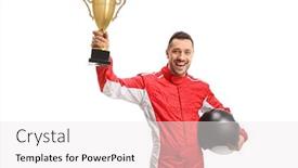  Presentation with gold trophy - Presentation theme enhanced with happy-winner-racer-raising background and a white colored foreground