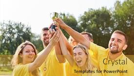  Presentation with trophy - Theme enhanced with happy-winner-team-with-trophy background and a yellow colored foreground