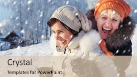  Presentation with black couple having fun - Colorful PPT theme enhanced with happy winter - mother and daughter having fun backdrop and a soft green colored foreground