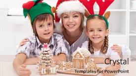  Presentation with christmas kids - PPT layouts having happy woman and kids in christmas hats making gingerbread cookie background and a coral colored foreground