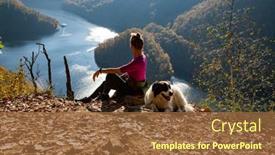  Presentation with dog - Presentation design having happy-woman-and-white-dog and a  colored foreground