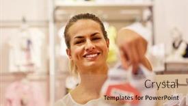  Presentation with boutique - Slide deck featuring happy-woman-as-a-customer background and a coral colored foreground