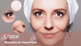  Presentation with aging skin - Theme having happy woman after beauty treatment background and a coral colored foreground