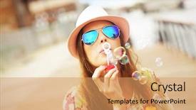  Presentation with soap sparkling air bubbles - PPT theme enhanced with happy woman blowing soap bubbles background and a coral colored foreground