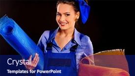  Presentation with construction tools - Presentation featuring happy woman builder holding construction tools on black background background and a navy blue colored foreground