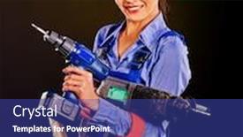  Presentation with construction tools - Presentation design featuring happy woman builder holding construction tools black background background and a ocean colored foreground