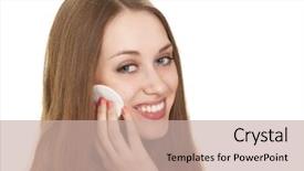  Presentation with caring - Theme featuring happy woman caring about her fresh healthy skin of face with cotton swab disk - white background background and a soft green colored foreground