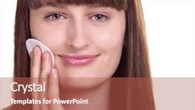  Presentation with caring - Presentation theme having happy woman caring about her fresh healthy skin of face with cotton swab disk - white background background and a red colored foreground