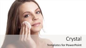  Presentation with caring - Colorful slide deck enhanced with happy woman caring about her fresh healthy skin of face with cotton swab disk - white background backdrop and a lemonade colored foreground