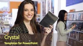  Presentation with video - Slides having happy woman choosing a dvd background and a tawny brown colored foreground