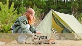  Presentation with camping - Amazing slide deck having happy woman cook food fire backdrop and a coral colored foreground