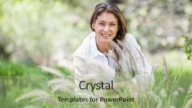  Presentation with concert symphony woman dancing in grass - Colorful PPT theme enhanced with happy woman crouching on grassy backdrop and a  colored foreground