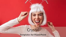  Presentation with golden christmas trumpet and red - Slide deck consisting of happy woman dressed in carnival background and a coral colored foreground