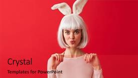  Presentation with golden christmas trumpet and red - Audience pleasing slide deck consisting of happy woman dressed in carnival backdrop and a red colored foreground