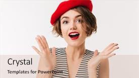  Presentation with girl in red dress - Audience pleasing slide set consisting of happy woman dressed in red backdrop and a coral colored foreground
