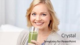  Presentation with renewable energy green future - Slide set featuring happy woman drinking green juice background and a coral colored foreground