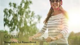  Presentation with electric vehicle - PPT theme with happy-woman-driving-e-scooter background and a yellow colored foreground