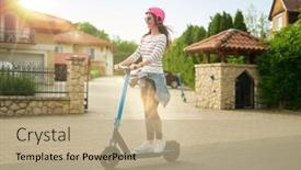  Presentation with electric vehicle - Theme featuring happy-woman-driving-e-scooter background and a coral colored foreground