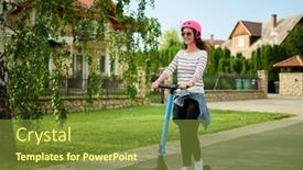  Presentation with electric vehicle - Theme consisting of happy-woman-driving-e-scooter background and a tawny brown colored foreground