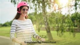  Presentation with electric vehicle - Presentation design enhanced with happy-woman-driving-e-scooter background and a yellow colored foreground