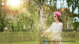  Presentation with electric vehicle - Slides with happy-woman-driving-e-scooter background and a yellow colored foreground