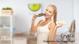  Presentation with diet low carb concept healthy - Audience pleasing slide deck consisting of happy woman eating dark chocolate backdrop and a  colored foreground