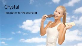  Presentation with diet low carb concept healthy - Amazing PPT theme having happy woman eating dark chocolate backdrop and a  colored foreground